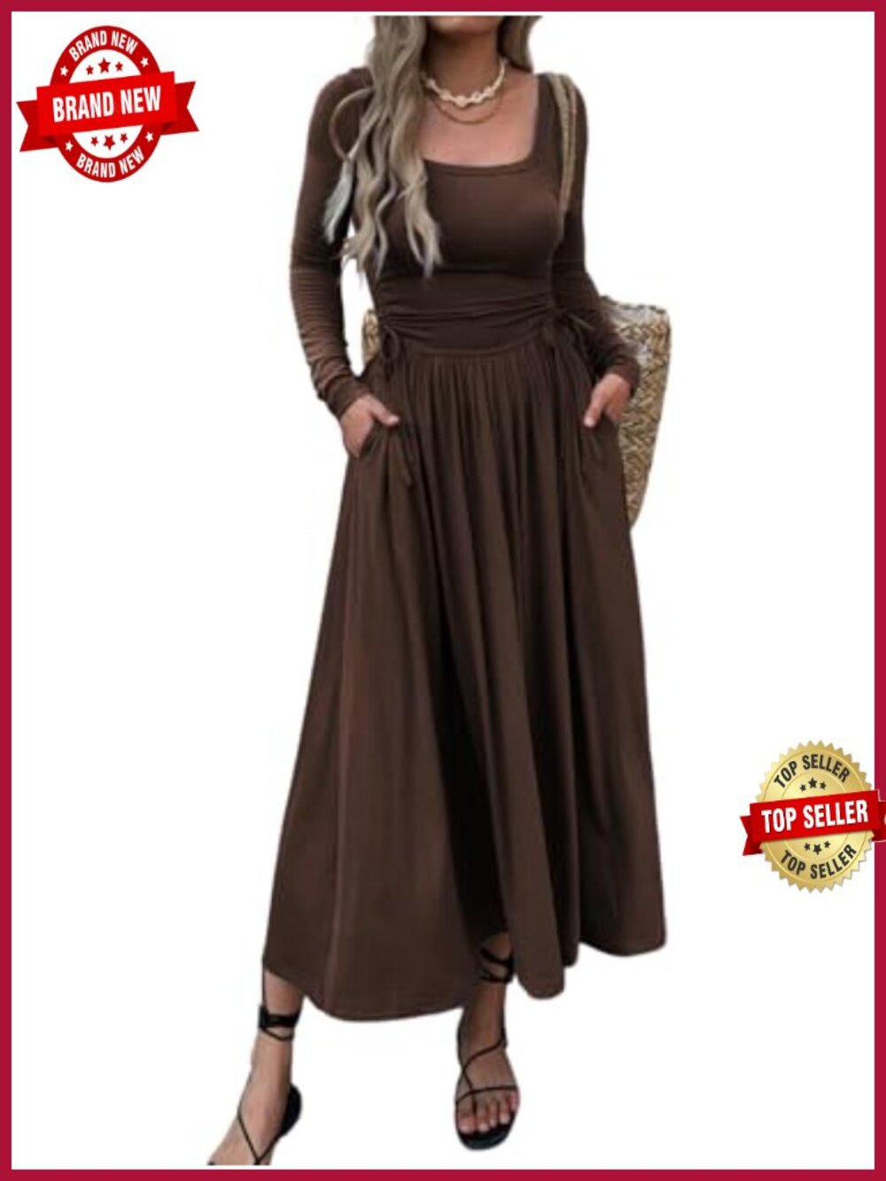 Long Sleeve Square Neck Maxi Dress A-Line Flowy Pleated Pockets Adjustable Tie